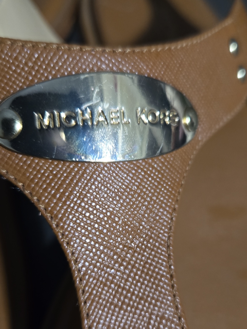 Michael Kors Brown Leather T-Strap Platform Sandals with Gold Logo, Size 8.5 - Picture 3 of 5